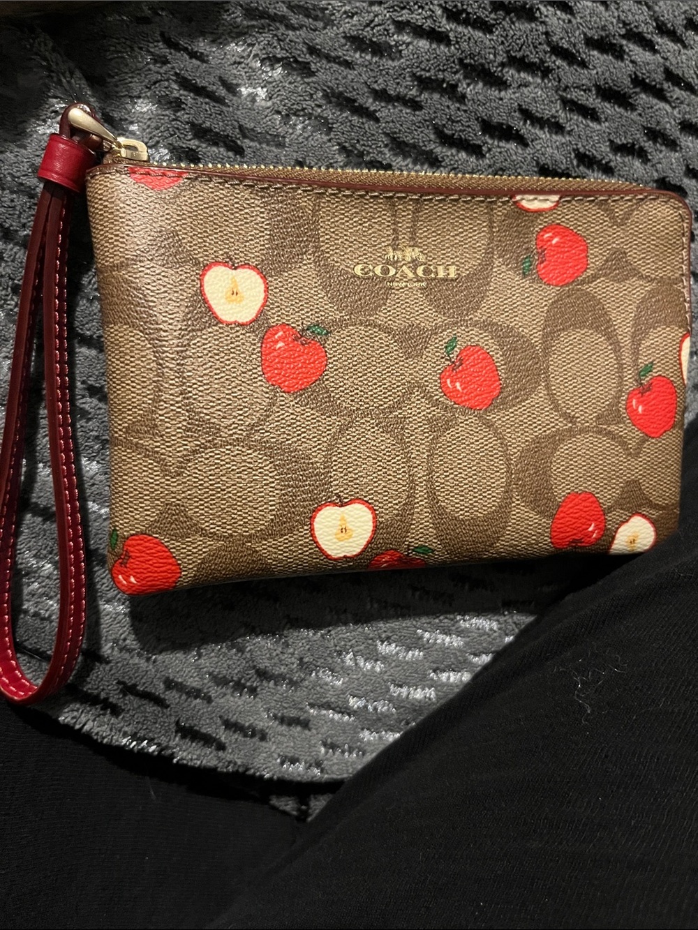 Coach Brown Signature Canvas Apple Print Wristlet with Red Accents